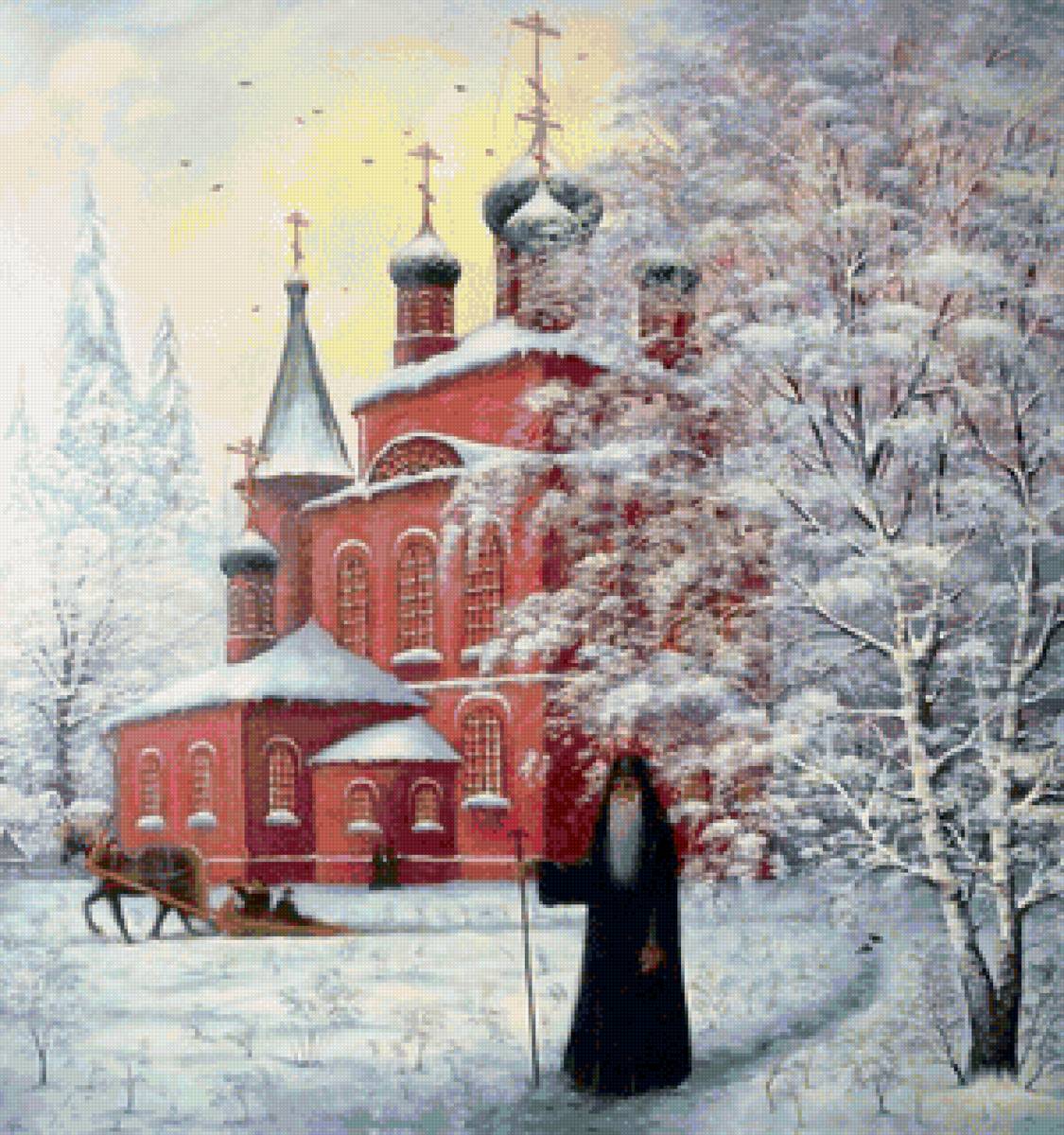 Худ. Марков В.Н. Красная церковь - церковь, монах, снег, пейзаж зима - предпросмотр