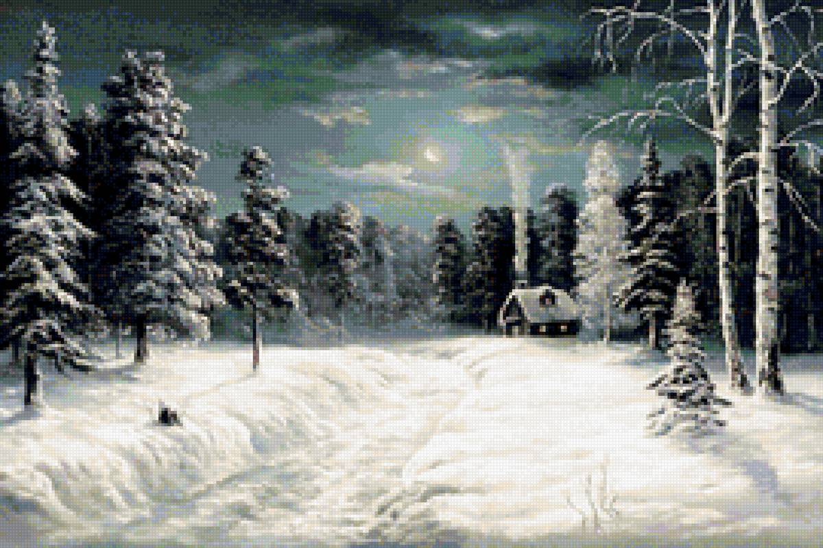 Ночь перед Рождеством - лес, ночь, пейзаж зима, изба, природа - предпросмотр