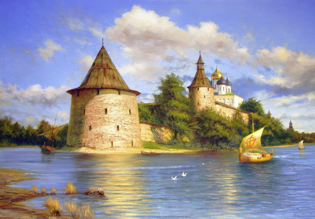 Псковский Кремль - пейзаж, река, парусники, кремль - оригинал