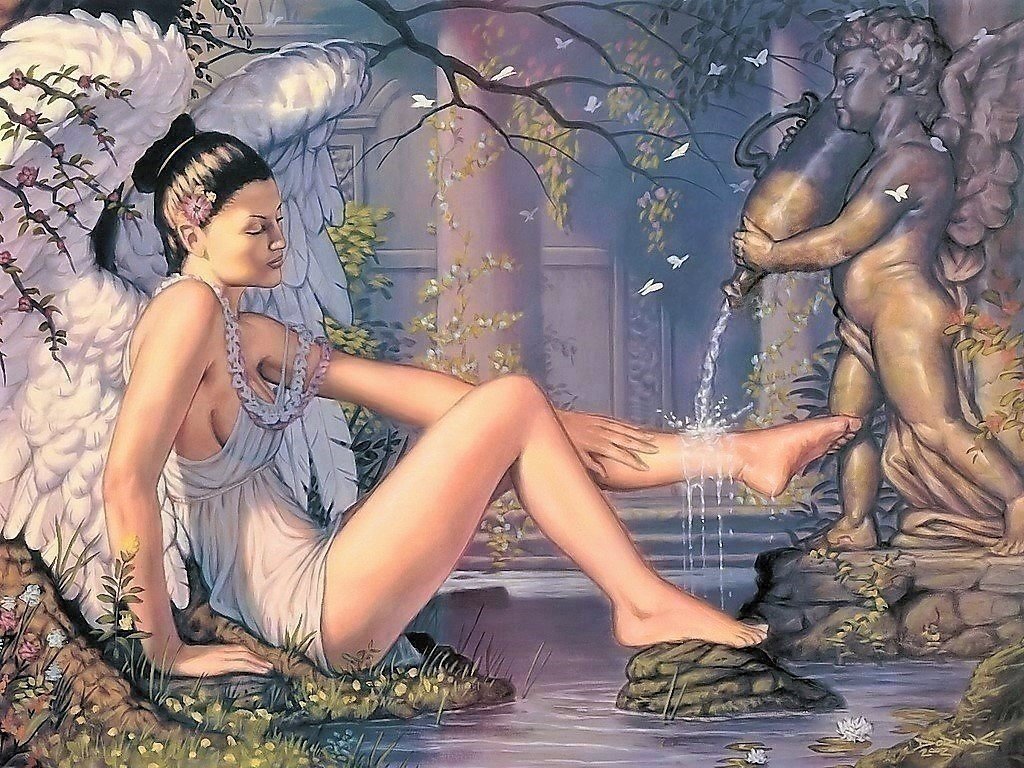 У фонтана - фонтан, фентези, ангел, девушка, сад - оригинал