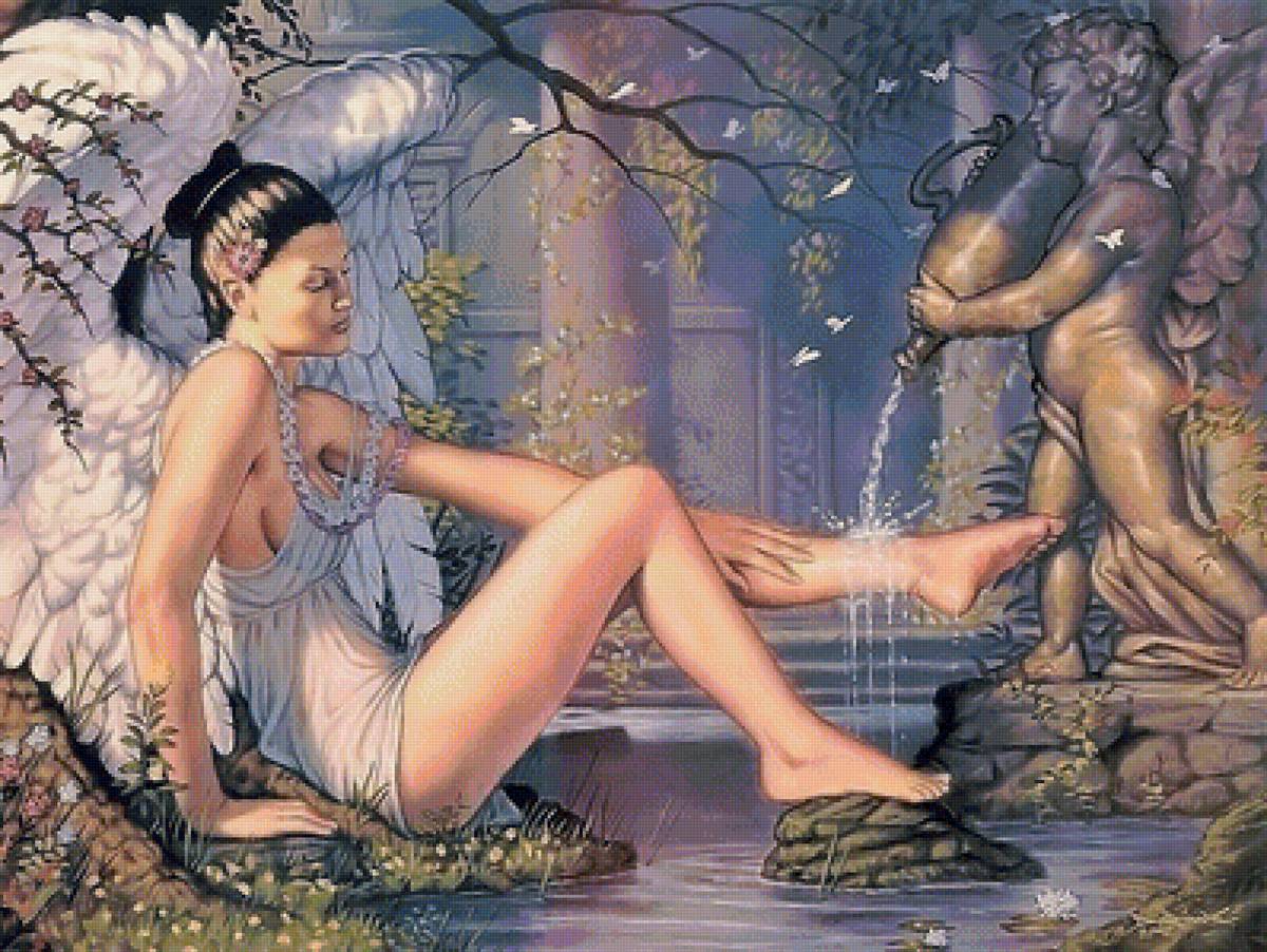 У фонтана - фонтан, девушка, ангел, фентези, сад - предпросмотр