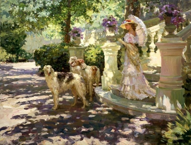 Прогулка в саду - солнечный день, собаки, девушка, сад, прогулка - оригинал
