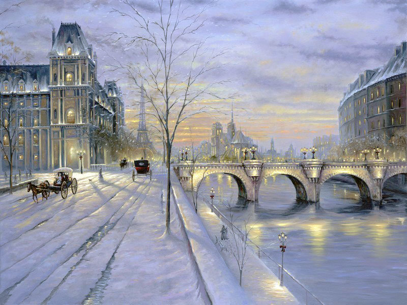 Худ. Финейл Роберт. Ночной Париж - река, город, пейзаж зима, мост - оригинал