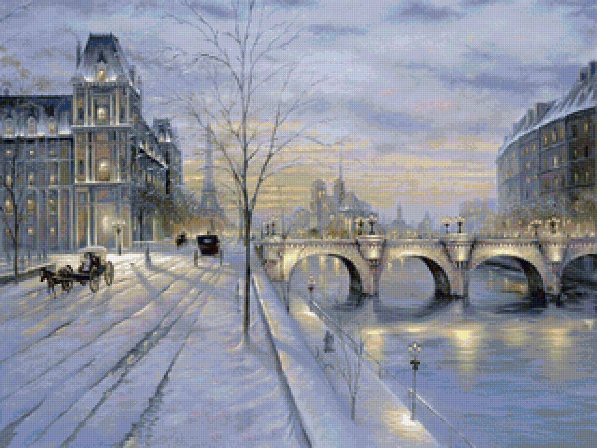 Худ. Финейл Роберт. Ночной Париж - река, мост, пейзаж зима, город - предпросмотр