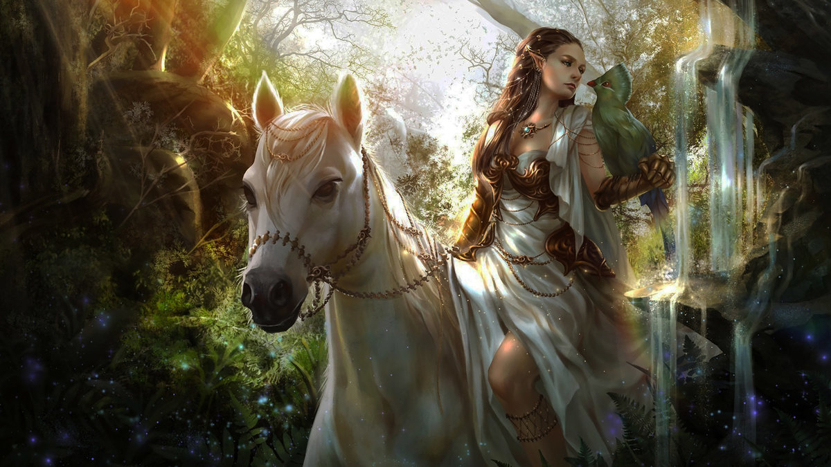 Эльфийка на белой лошади - девушка, эльф, лошадь, птица - оригинал