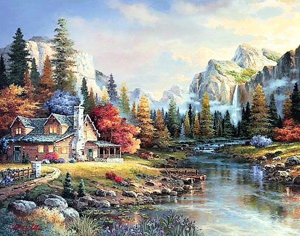 Домик в горах - природа, картина, осень, дом, живопись - оригинал