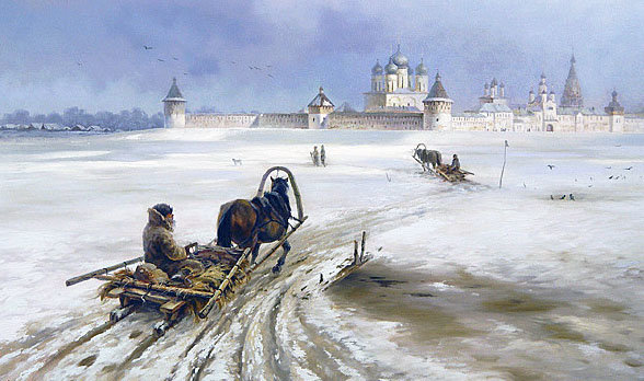 Худ. Артамонов Валерий Анатольевич - деревня, пейзаж зима, церкви, сани - оригинал