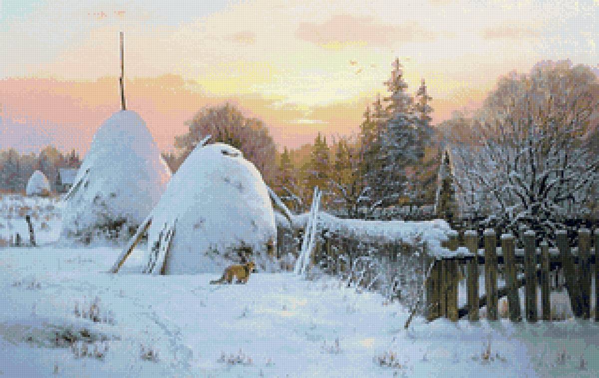 Худ. Артамонов - деревня, пейзаж зима, снег, лиса, природа - предпросмотр
