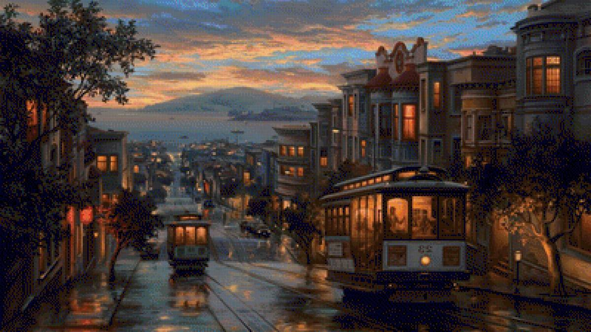 Вечерний трамвай - город, дома, вечер, трамвай, закат - предпросмотр