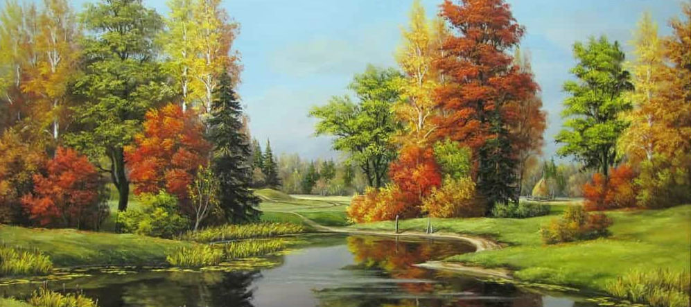 Осенний пейзаж - пруд, деревья, лес, осень - оригинал