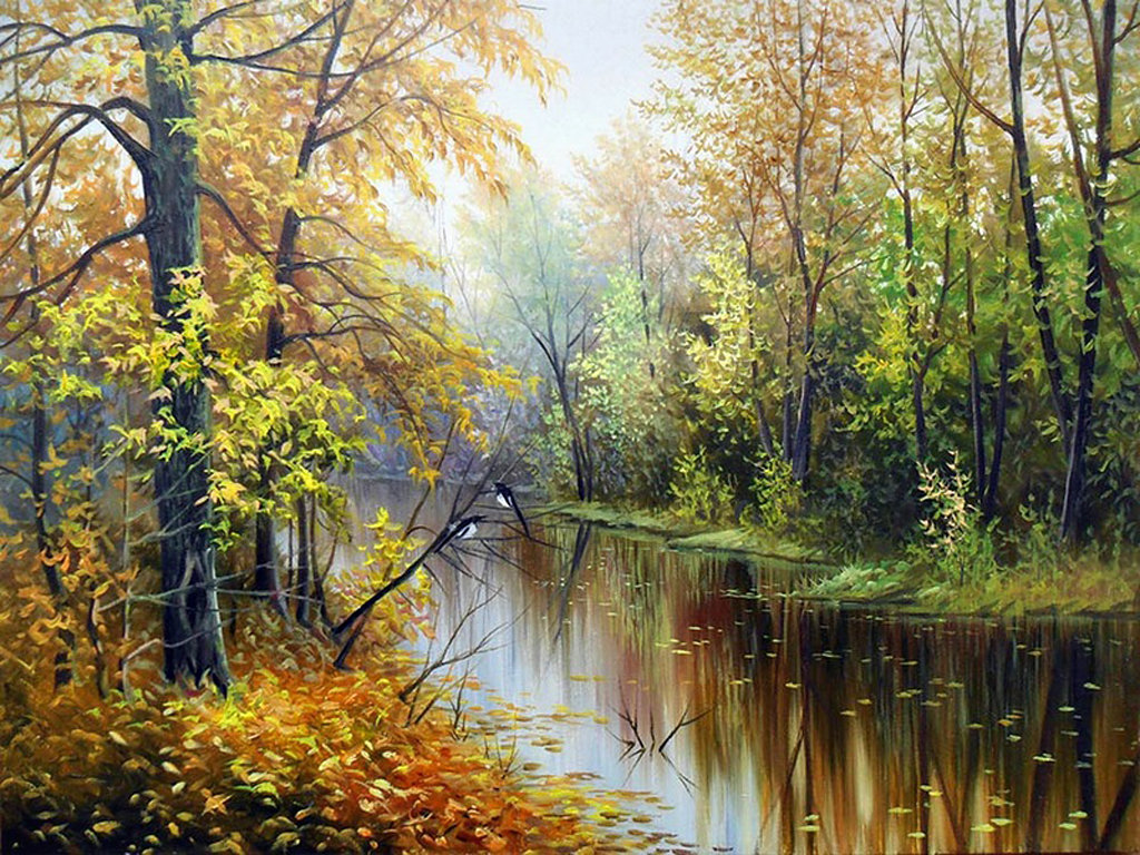 Осенний пейзаж - осень, деревья, лес, пруд - оригинал