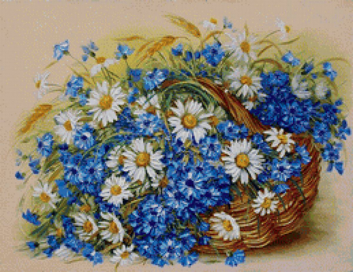 корзина с васильками и ромашками - васильки, ромашки - предпросмотр