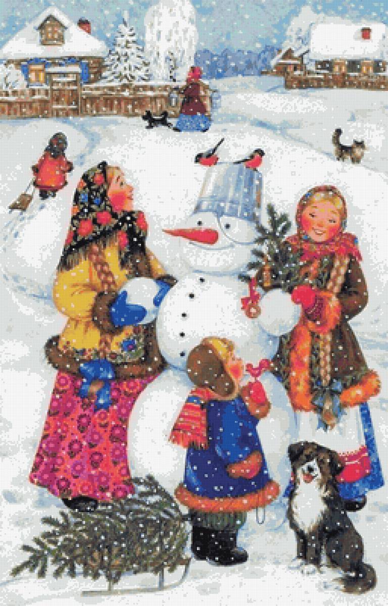 Зимние забавы - снег, дети, зима, снеговик - предпросмотр