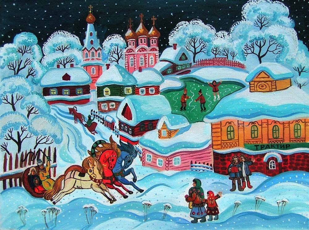 Зимние гуляния - деревня, снег, зима, пейзаж - оригинал