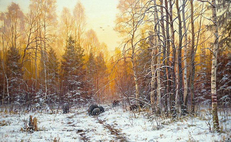 Худ. Артамонов Валерий Анатольевич.  Лес - кабаны, природа, пейзаж зима, лес - оригинал