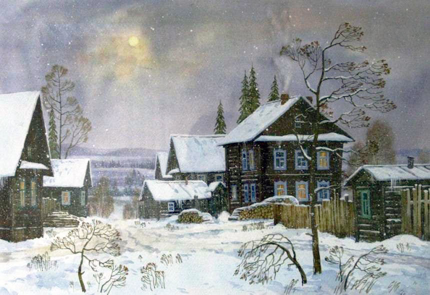 Худ. Артур Костылев - город, пейзаж зима - оригинал