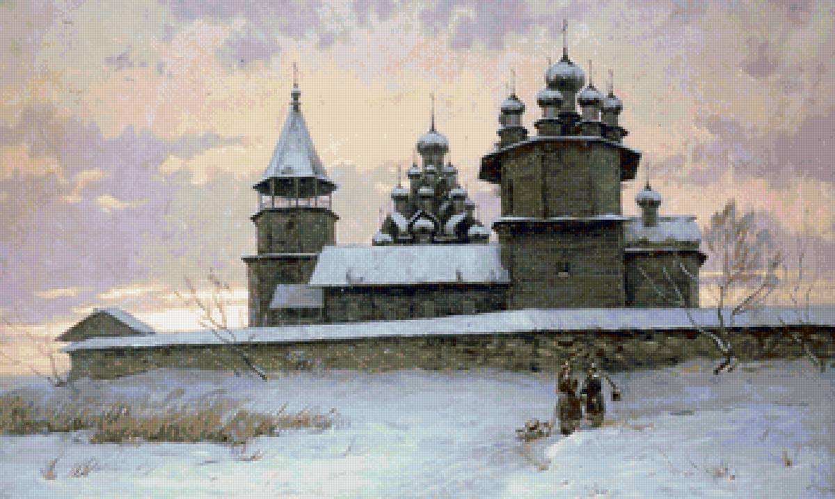 Худ. Белковский Игорь Владимирович. КИЖИ - церковь, люди, природа, пейзаж зима - предпросмотр