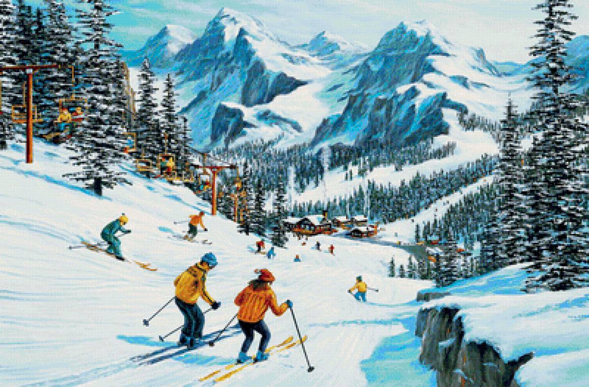 Зимние катания - лыжи, снег, горы, лыжники, зима - предпросмотр
