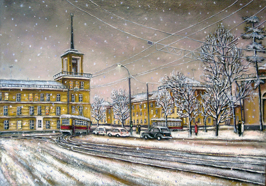 Худ. Мичурин Леонид - зима, трамвай, пейзаж, город - оригинал