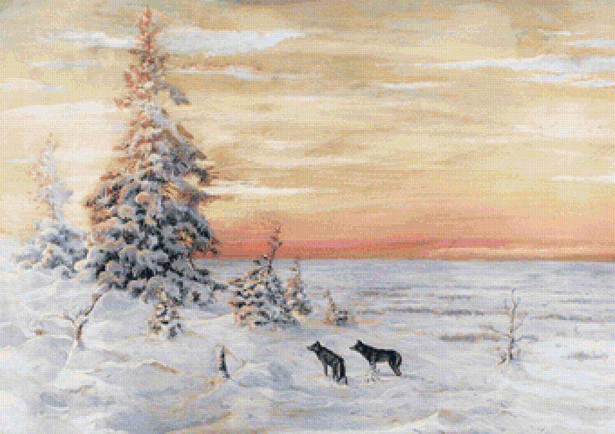 Худ.Муравьёв В.Л. Зимний пейзаж с волками - лес, волки, пейзаж зима, природа - предпросмотр