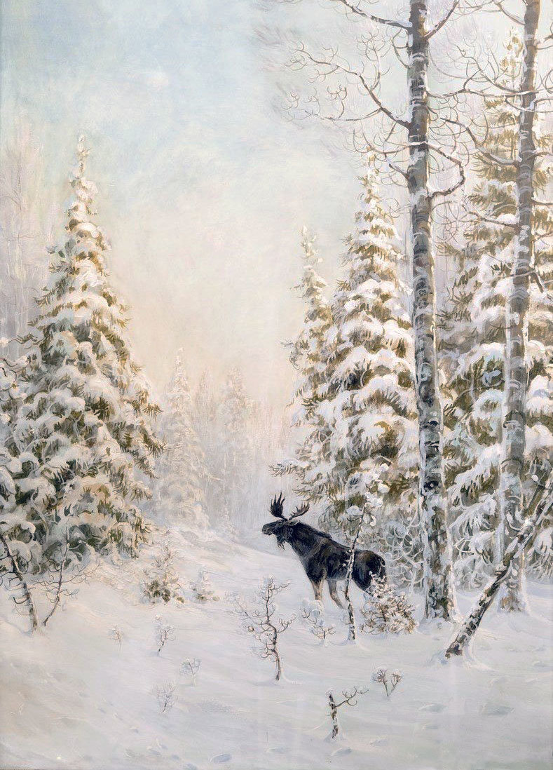 Худ. Муравьёв В.Л. Зимний пейзаж с лосем - лес, лось, пейзаж зима, природа - оригинал