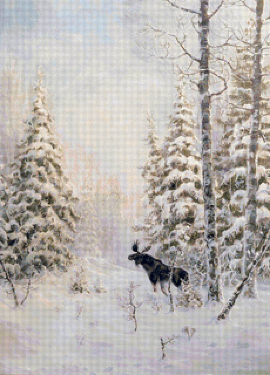 Худ. Муравьёв В.Л. Зимний пейзаж с лосем - лось, пейзаж зима, лес, природа - предпросмотр