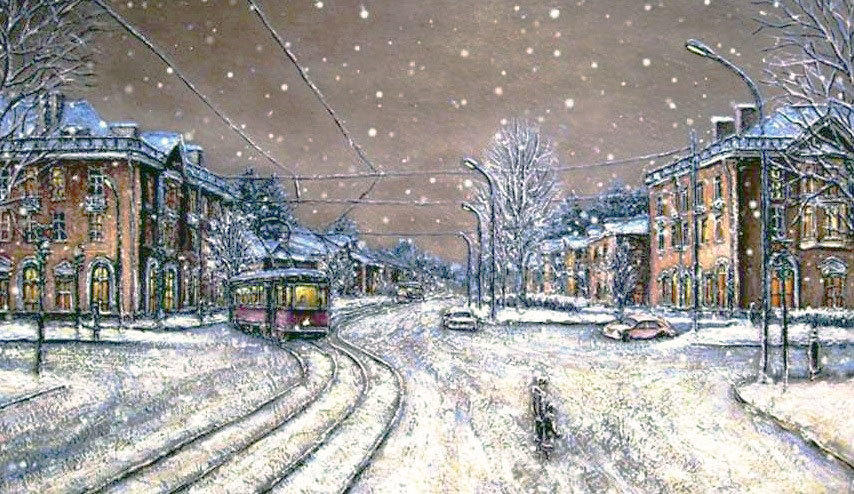 Худ. Мичурин Леонид - трамвай, пейзаж зима, город, снегопад - оригинал