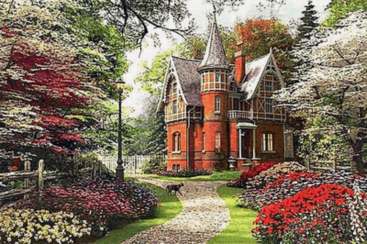 домик в цветах - домик, природа, лето, картина, живопись - предпросмотр