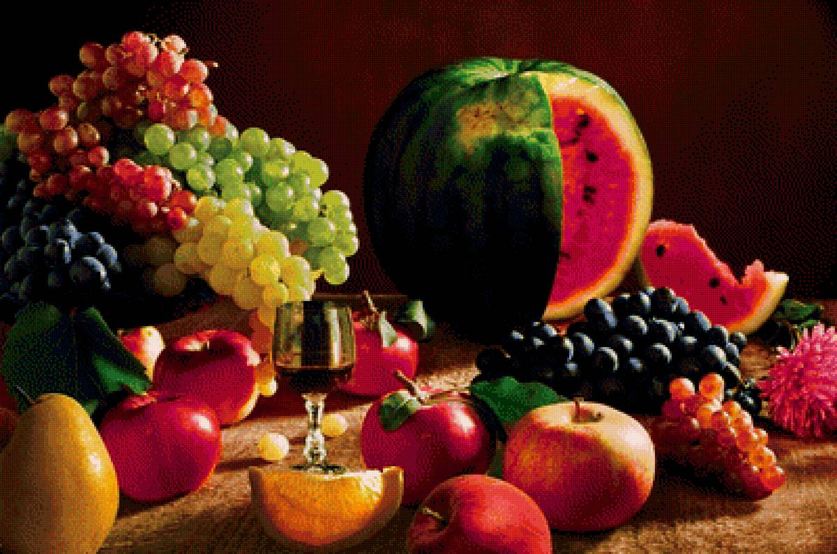 Натюрморт - арбуз, фрукты, виноград, натюрморт - предпросмотр