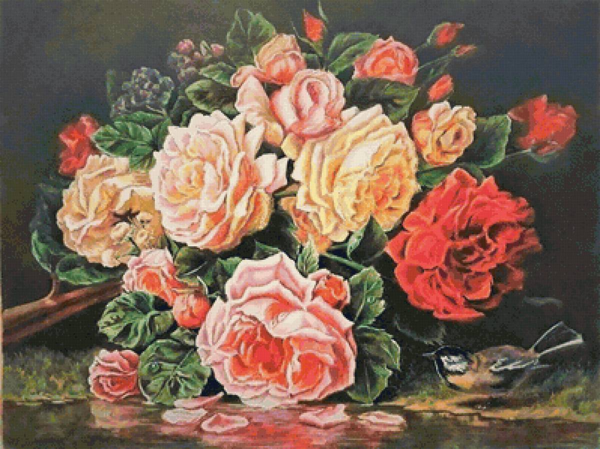 Розы - птица, розы, цветы, живопись - предпросмотр