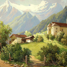 Оригинал схемы вышивки «Альпийская деревня по картине Карла Фляйхера» (№1835825)