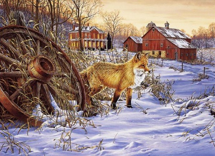 По картине Даррела Буша - лиса, деревня, зима - оригинал
