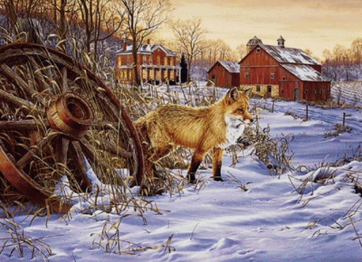 По картине Даррела Буша - зима, лиса, деревня - предпросмотр