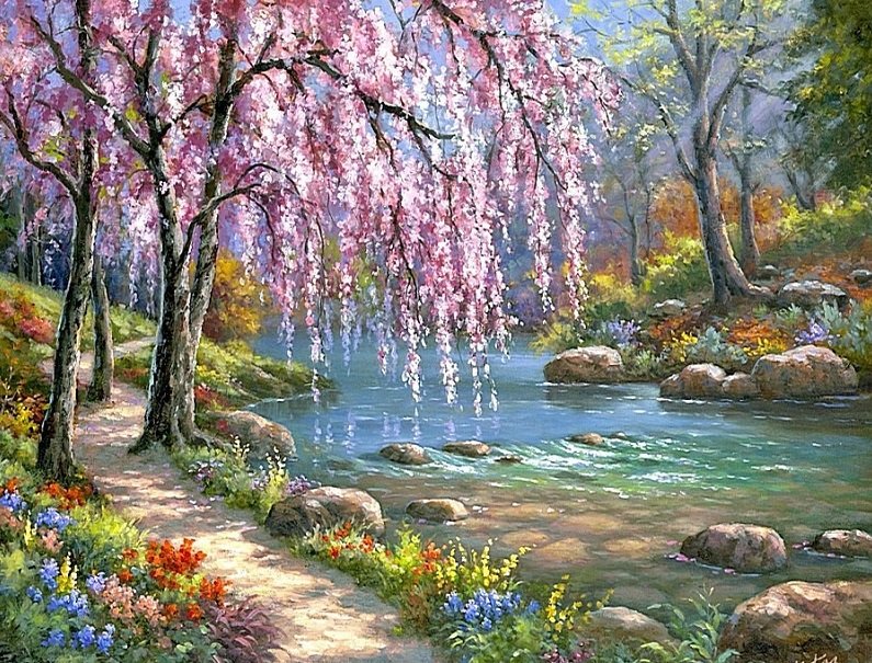 Сакура над рекой - сакура, река, тропинка у реки - оригинал