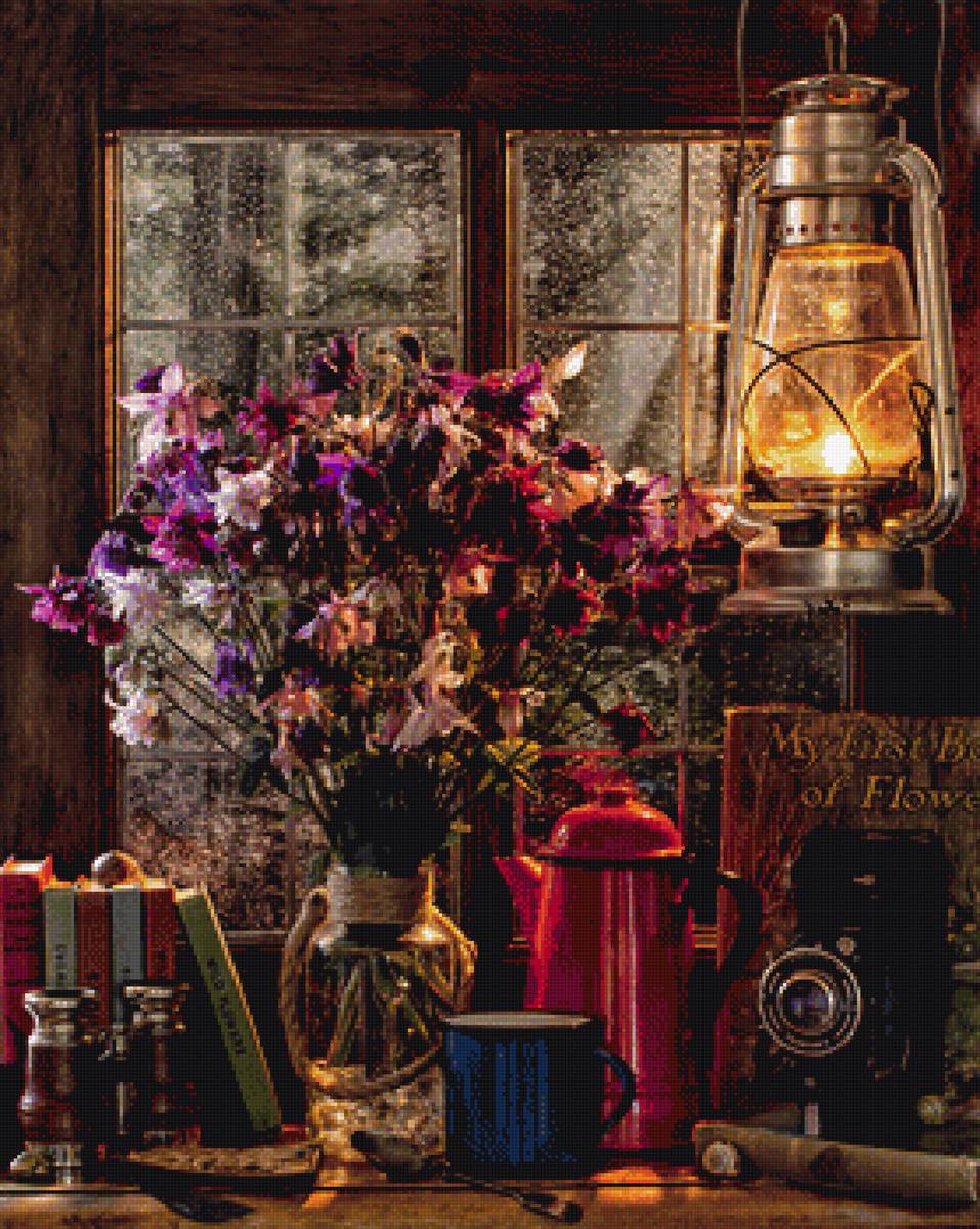 Зимний вечер - букет, фонарь, книги - предпросмотр