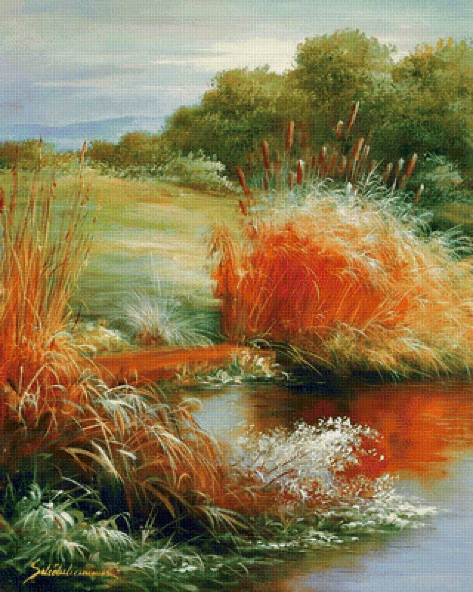 У пруда (По картине Хайнца Шольнхаммера) - пруд, камыш, вода - предпросмотр