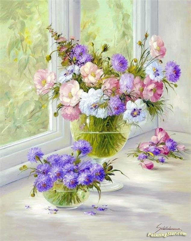 Доброе утро, цветы (По картине Хайнца Шольнхаммера) - лето, утро, подоконник, цветы - оригинал