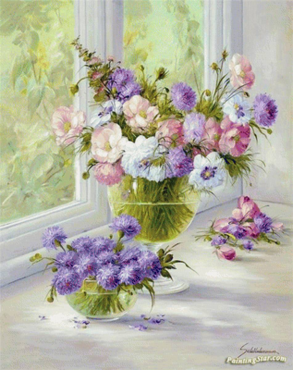 Доброе утро, цветы (По картине Хайнца Шольнхаммера) - цветы, утро, подоконник, лето - предпросмотр