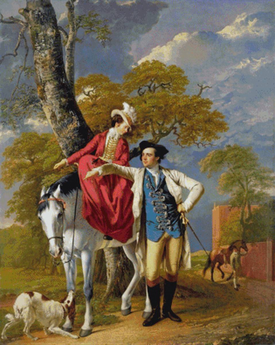 Конная прогулка - мужчина, природа, лошади, живопись, дама - предпросмотр