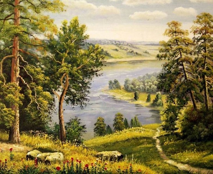 Сосны у реки - сосны, тропинка, лес, река - оригинал