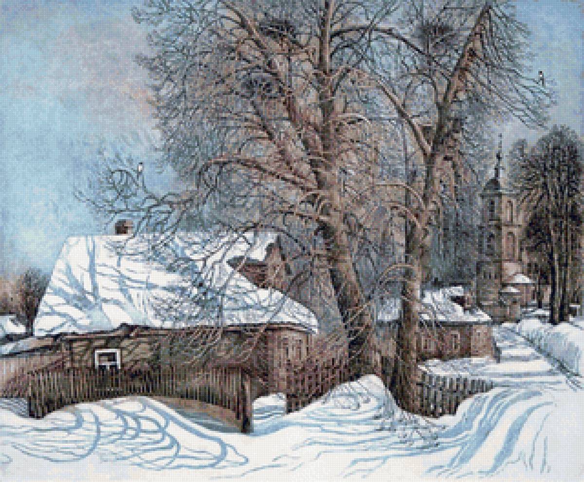 Худ.Ветров Ал-др Егорович(5) - снег, деревня, пейзаж зима, храм - предпросмотр