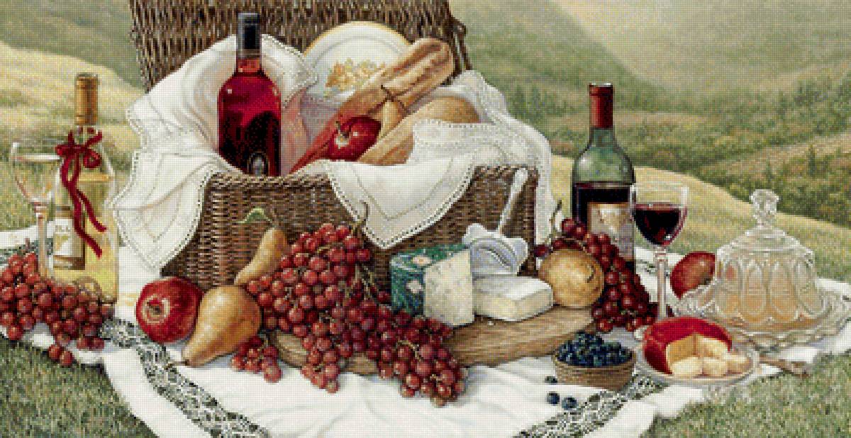 Пикник - груши, бокалы, природа, корзина, виноград, вино - предпросмотр