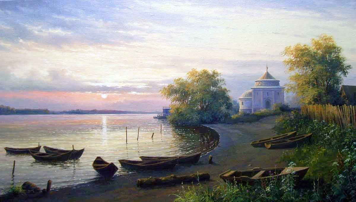 Вечер на Оке - пейзаж лето, церковь, вечер, лодки, река - оригинал