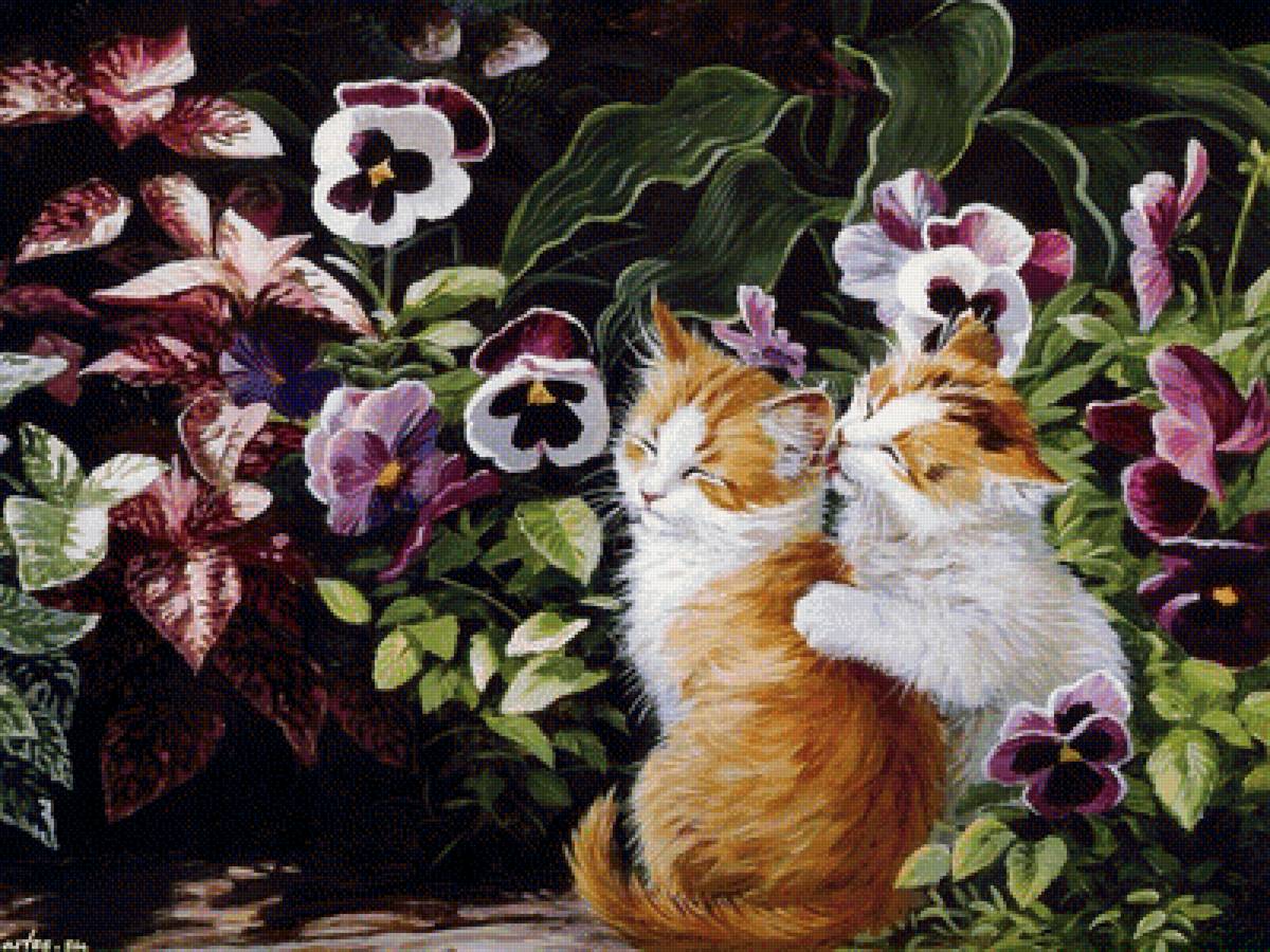 Дружба (По картине Клэйтона) - растения, анютины глазки, котята - предпросмотр