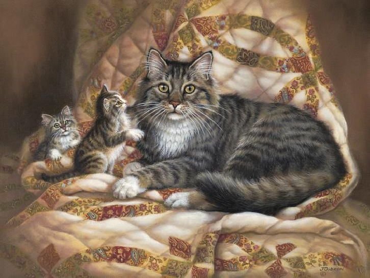 Нежность - одеяло, семья, кошка, котята - оригинал