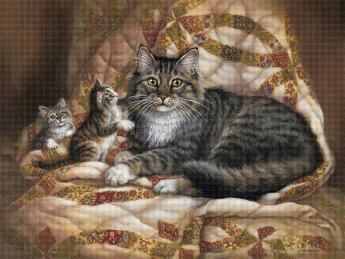 Нежность - котята, семья, кошка, одеяло - предпросмотр