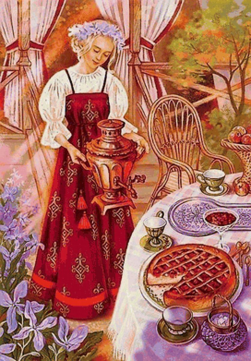 Приглашение к чаю - девушка, пирог, природа, веранда, чай - предпросмотр