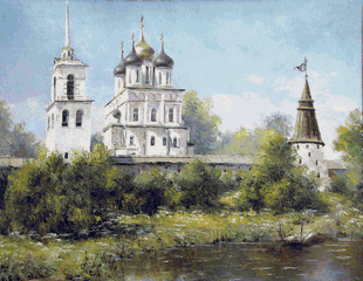 Худ. Евгений Синев - пейзаж, церковь, лето, река - предпросмотр