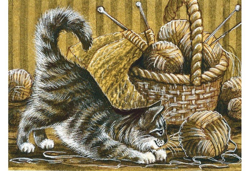 Игривый - кот, корзина с нитками, рукоделие, клубок, нитки, кошка, котенок - оригинал