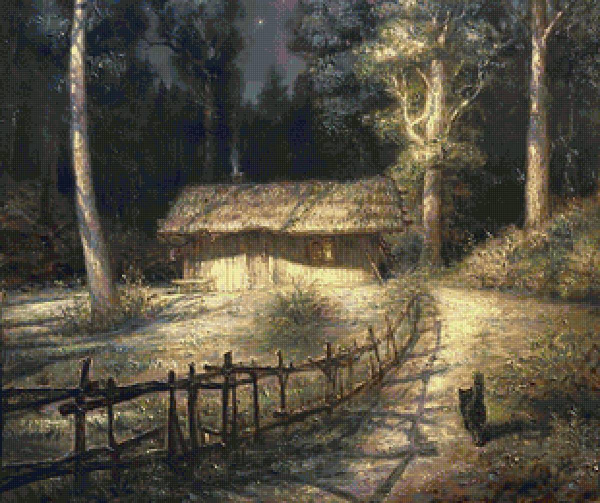 Худ. Игорь Майков) - свет, изба, ночь, пейзаж, кот, лес - предпросмотр